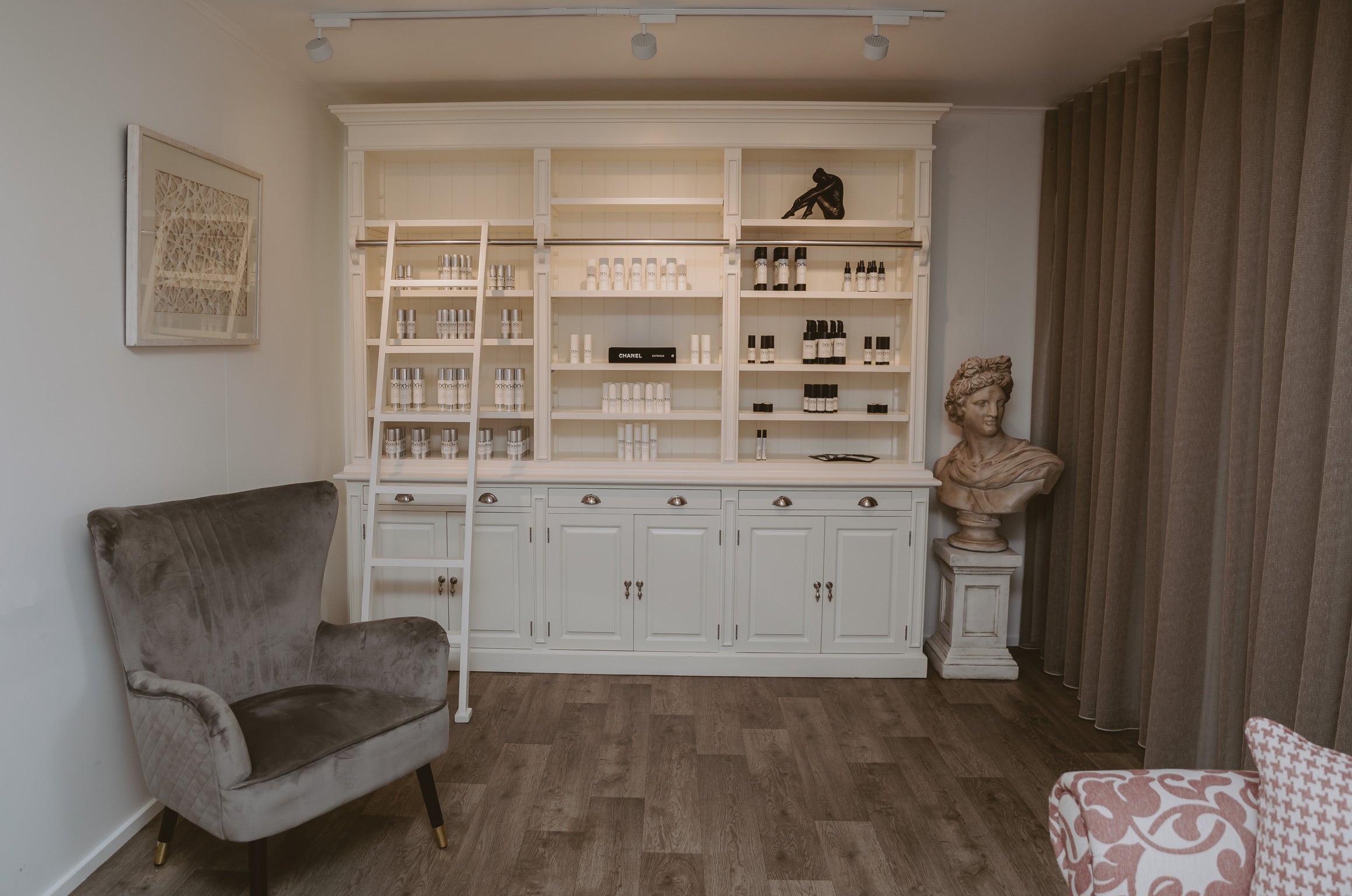 Mel Hornery Cosmetics skincare range displayed in shelves, showcasing the high-quality products available at top skin clinics for comprehensive skin care.