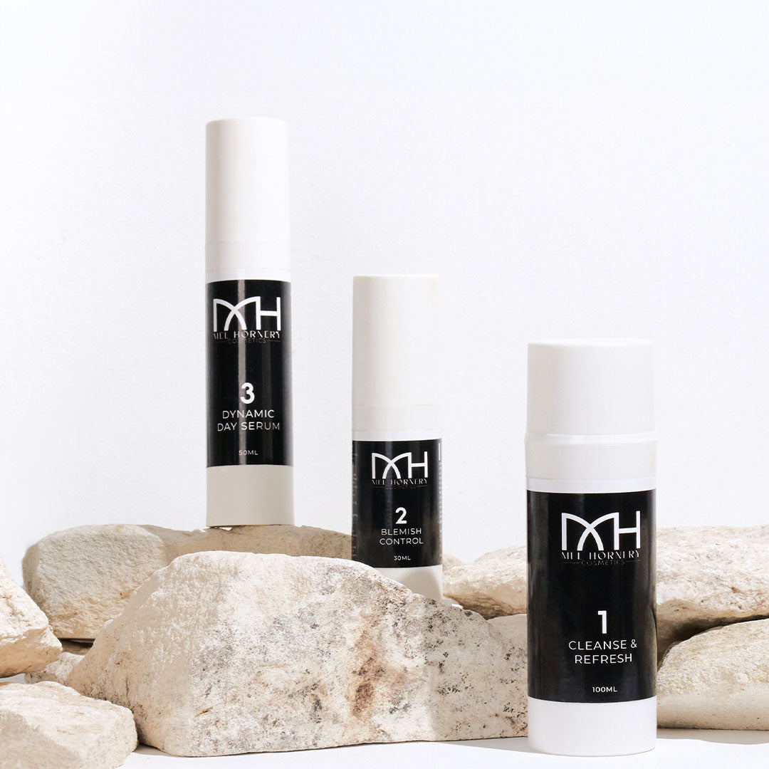 Radiant Beginnings skincare bundle from Mel Hornery Cosmetics at a skin care clinic, highlighting effective and luxurious skin care solutions.