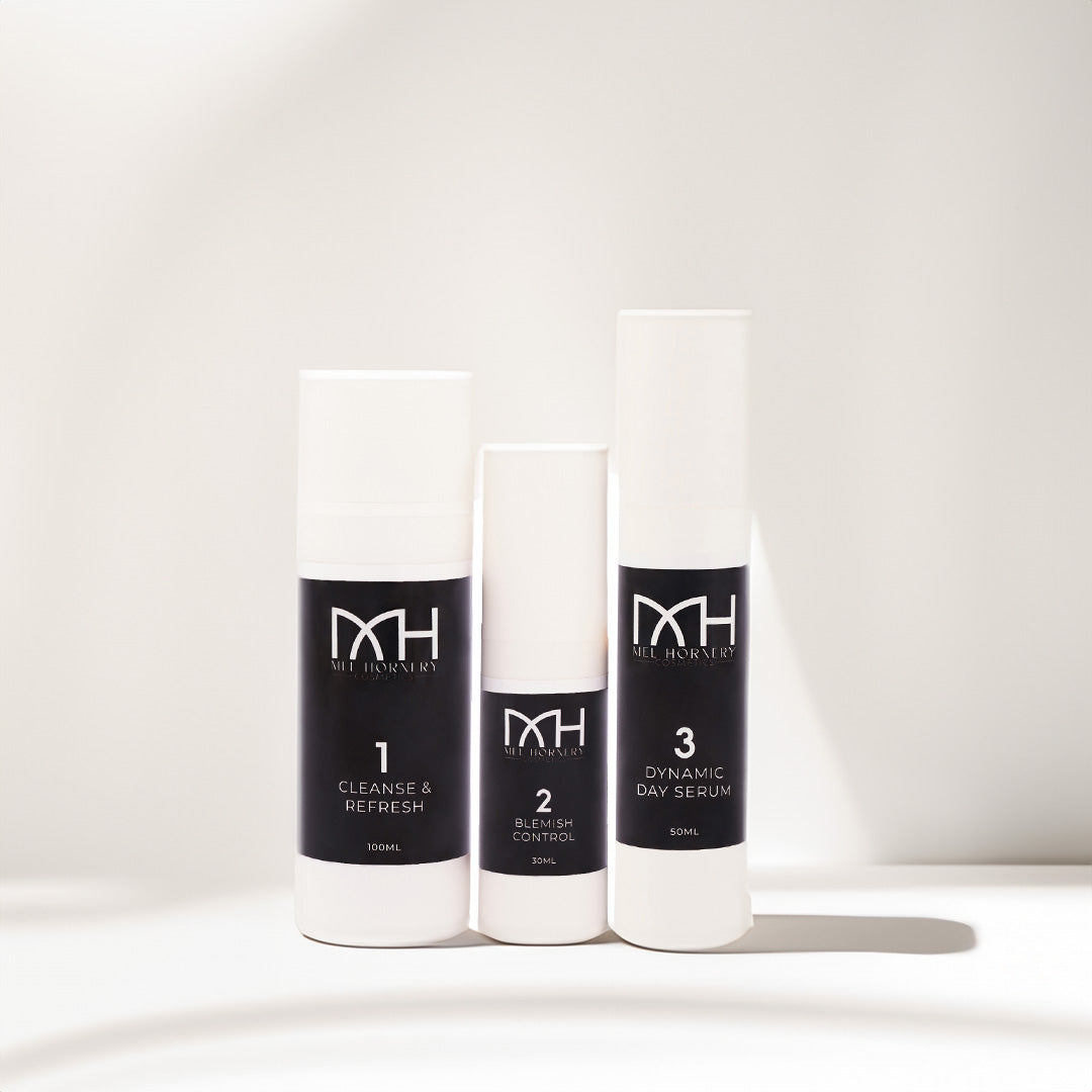 Radiant Beginnings skincare bundle from Mel Hornery Cosmetics at a skin care clinic, highlighting effective and luxurious skin care solutions.