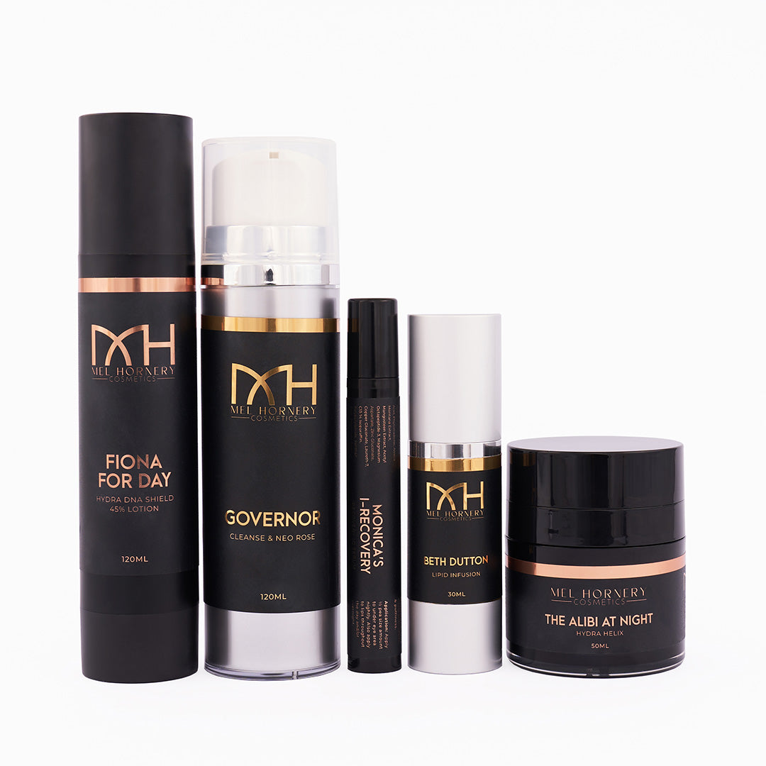 sensitive skincare bundle from Mel Hornery Cosmetics at a skin care clinic, highlighting effective and luxurious skin care solutions.